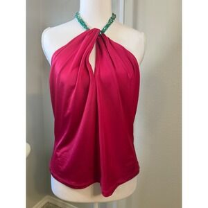 Veronica Beard Pink Beaded Halter Top Fuchsia Emerald Green Beaded Neck 12 NEW